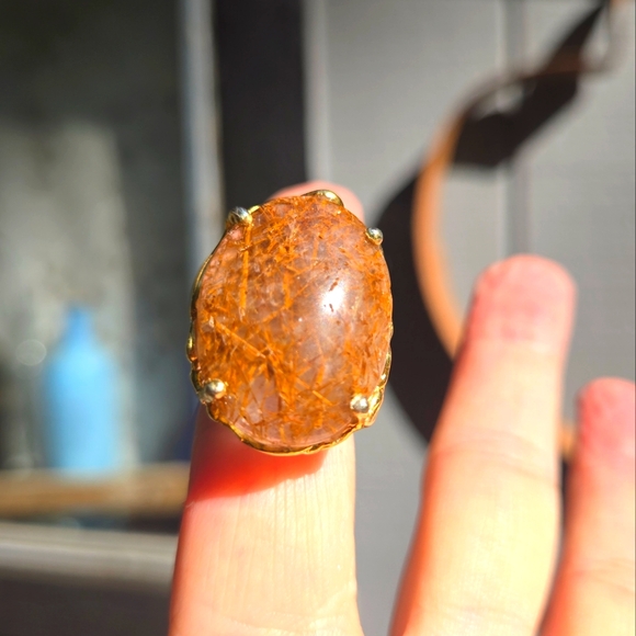 Rutilated Quartz HUGE 30Karat sterling & gold ring sz5.5
